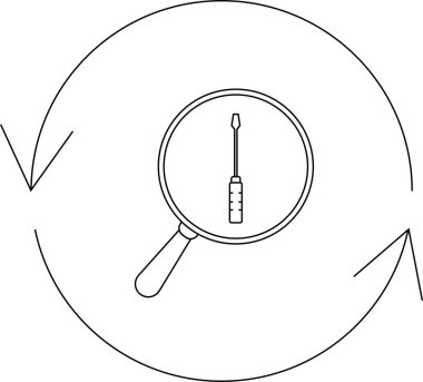 Bir tornavida, dairesel oklarla çevrili, onarım, bakım ve çözüm bulma sürecini sembolize eden bir büyüteç altında gösterilir..
