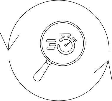Zaman optimizasyon analizini simgeleyen simge, kronometreyi inceleyen bir büyüteç, verimliliği sembolize eden ve süreci iyileştiren.