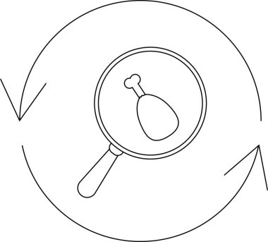 Büyüteç dairesel bir okun içindeki tavuk bacağına odaklanır, basit bir sanat tarzında gıda denetimi ve kalite kontrolünü sembolize eder..