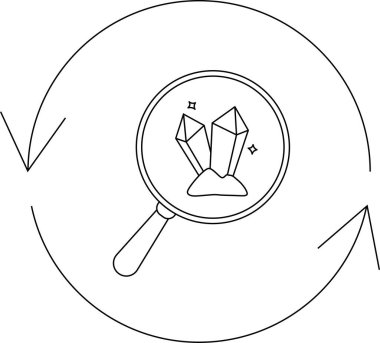 Bir büyüteç dairesel bir ok içindeki kristallere odaklanır, keşfi ve minimalist bir tasarımda yenilenmeyi sembolize eder..