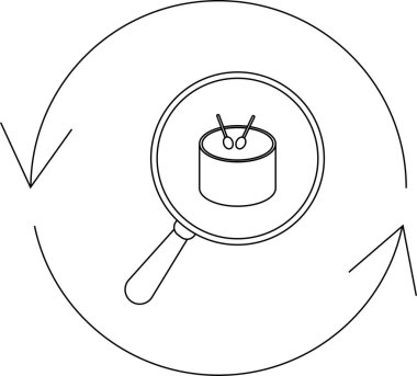 Bir büyüteç dairesel bir ok içerisindeki davul setine odaklanır, müzikal içerik veya kaynaklar için arama ve tazelemeyi sembolize eder.