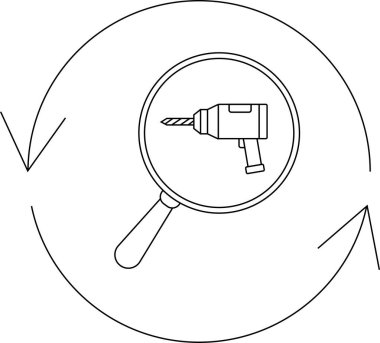 Dairesel bir okla çevrili bir büyüteç altında, araç denetimini veya onarımını sembolize eden bir matkap görülür.