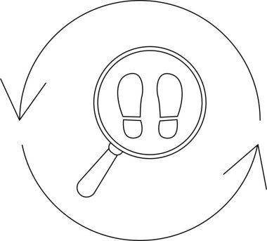 Bir büyüteç dairesel bir ok içindeki ayak izlerine odaklanır, analizi, araştırmayı ve izleme ve anlamanın döngüsel doğasını sembolize eder..