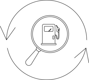 Büyüteç içindeki bir benzin istasyonunun dairesel ok sembolüyle çevrili basit bir çizgisi çizimi..