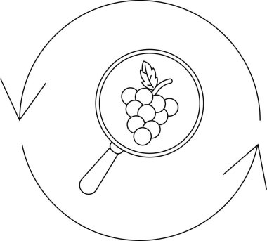 Büyüteç altındaki üzümlerin basit bir çizgisi. Dairesel oklarla çevrili. Araştırma ve analizi sembolize ediyor..