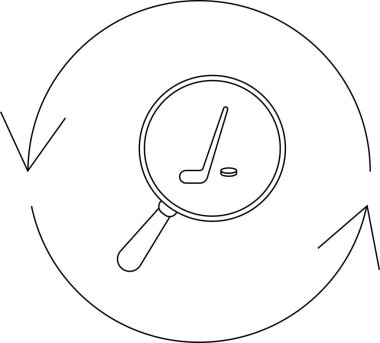 Hokey sopası ve diskin üzerinde büyüteç bulunan bir hokey arama ikonu, dairesel oklarla çevrili, sürekli bir arama veya döngü öneriyor.