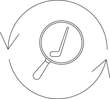 Yuvarlak oklarla çevrili bir büyüteçteki hokey sopası spor analizini ve sürekli tekrarlanan stratejik incelemeyi sembolize eder..