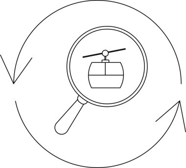 Bir kayak teleferiği gondolu dairesel bir ok içinde büyütülür. Bu da arama ya da inceleme sürecini önerir..