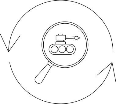 Bir tank, dairesel oklarla çevrili bir büyüteç altında askeri odak ve stratejik analizi sembolize eder..