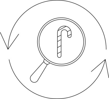 Büyüteç altında şeker kamışı bulunan basit bir çizgi sanat simgesi. Oklarla çevrili. Arama ya da inceleme sürecini simgeliyor..