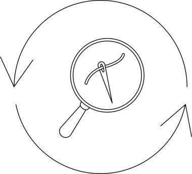 Bir büyüteç iğne ve ipliğe odaklanır, ayrıntılı teftiş ve onarımı sembolize eder, dairesel bir ok içinde ayarlanır, sürekli süreç gelişimini temsil eder.