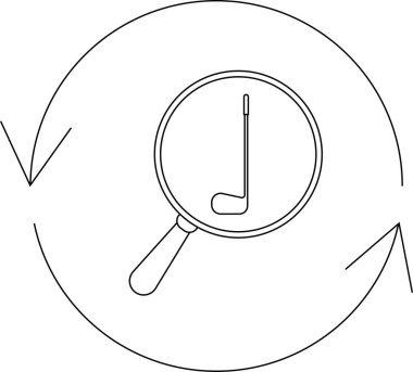 Büyüteç içinde bir golf sopası, dairesel bir okla çevrili, golf ekipmanları arama ve yenilemeyi simgeliyor..