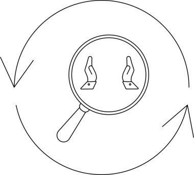 Oklarla çevrili bir dairede büyüteç altındaki eller arama, inceleme ve geri bildirimi temsil ediyor..