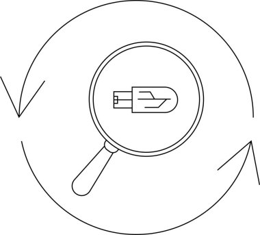 Dairesel oklarla çevrelenmiş bir büyüteç kullanarak bir LED ampulünün teftişini gösteren bir çizgi çizimi.