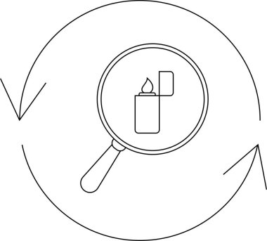 Dairesel oklarla çevrili büyüteç altındaki bir çakmağın siyah beyaz çizimi, arama ya da inceleme sürecini öneriyor..