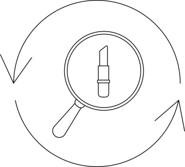 Bir büyüteç ruj üzerine odaklanır, dairesel bir okla çevrelenmiş, güzellik aramasını ve ürün keşfini sembolize eder..