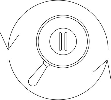 A magnifying glass with a pause symbol inside, surrounded by a circular arrow, suggesting a detailed review or analysis process.