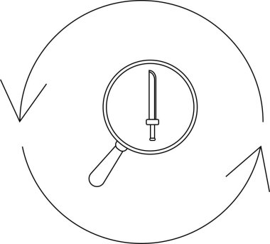A magnifying glass reveals a sword within a circular arrow, symbolizing search, analysis, or cyclical processes in black and white.