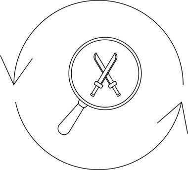 Bir büyüteç çapraz kılıçları gösterir, döngüsel bir dizaynda arama, çatışma ve döngüsel süreçleri sembolize eden döngüsel bir ok ile çevrelenmiş.