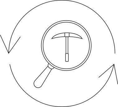 Maden keşiflerini temsil eden sembolik bir ikon, sürekli arama ve keşif sürecini gösteren oklarla çevrili bir kazmanın üzerinde büyüteç bulunuyor..