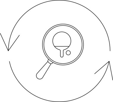 A ping pong paddle and ball are inside a magnifying glass, surrounded by circular arrows, symbolizing searching or refreshing.