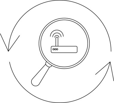 Dairesel oklarla çevrili bir büyüteçle taranan ve güvenlik taramasını temsil eden bir yönlendirici tasvir eden basit bir çizgi resim simgesi..