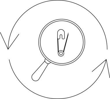 Döngüsel okla çevrili bir büyüteç altında bir çengelli iğne detaylı incelemeyi ve minimalist bir tasarımda sürekli incelemeyi simgeler..