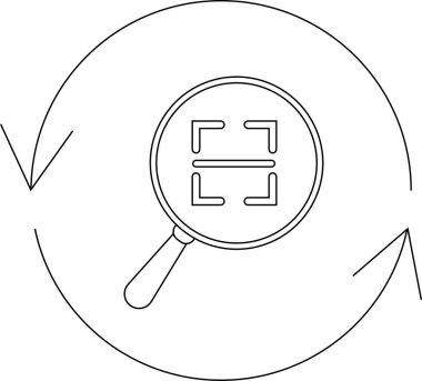 Büyüteç, barkod ve dairesel okları içeren, veri işlemeyi ve incelemeyi sembolize eden bir tarama ve analiz simgesi.