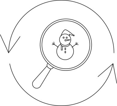 Büyüteç altında yuvarlak oklarla çevrili bir kardan adamı gösteren basit bir siyah beyaz çizim, arama ya da inceleme sürecini öneriyor..