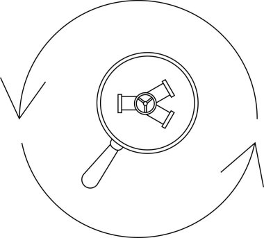 Bir büyüteç, dairesel oklarla çevrili borulara odaklanır. Analizi ve teftişi sembolize eder..