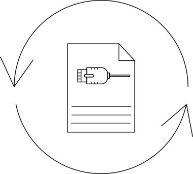 Ağ kablosu simgesine sahip bir belge, veri senkronizasyonu ve bağlantıyı sembolize eden dairesel oklarla çevrilidir.