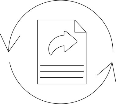 Dairesel oklarla çevrili, dosya paylaşımını ve değiş tokuşu temsil eden, oklu bir belgenin basit bir satır sanat simgesi.