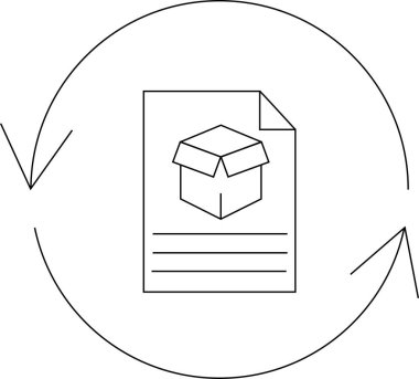 Dairesel bir okla çevrelenmiş, üzerinde kutu olan bir belgeyle sembolize edilen bir paketi iade etme sürecini gösteren basit bir çizgi çizimi.