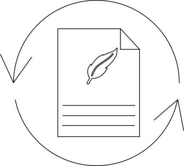 Yuvarlak oklarla çevrili tüy ikonlu bir belgenin minimalist bir illüstrasyonu, düzeltme veya düzenleme önerisi.