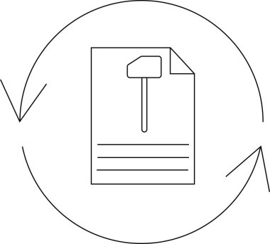 Çekiç simgesine sahip bir belge, inşaat veya onarımla ilgili bir süreci veya iş akışını sembolize eden dairesel oklarla çevrilidir..