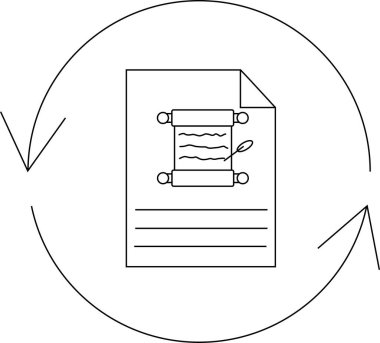 İçinde yuvarlak oklarla çevrili bir parşömen olan bir belge, bir süreç, yineleme veya tekrar döngüsü önerir.