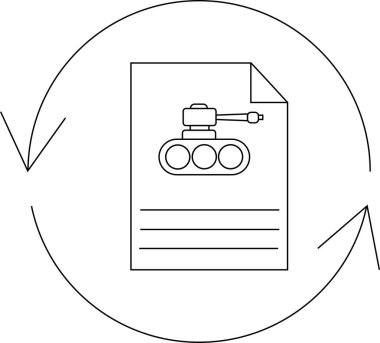 Dairesel oklarla çevrili, revizyonu, güncellemeyi veya askeriyeyle ilgili belge yönetimini sembolize eden bir tank simgesini içeren bir belge.