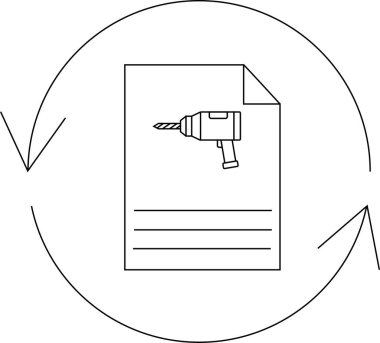 İnşaat aracı belgelerindeki güncellemeleri veya düzeltmeleri temsil eden, yenilenme sembolü ile bir matkap kılavuzu tasvir eden basit bir satır sanat simgesi.