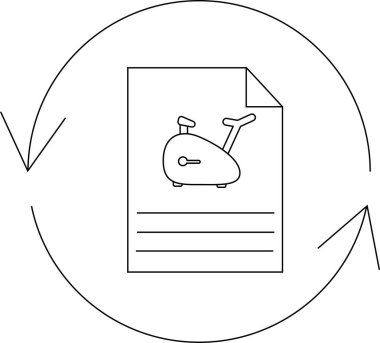 Egzersiz bisikleti kullanma kılavuzunu tasvir eden basit bir çizgi sanat simgesi, kullanıcılar için fitness ekipmanları belgelerini, talimatları ve bilgileri sembolize eder.