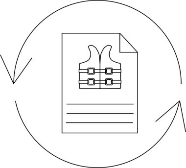Güvenlik ve güncellemeleri sembolize eden, yenilenmiş bir can yeleği belgesini tasvir eden siyah ve beyaz bir simge.