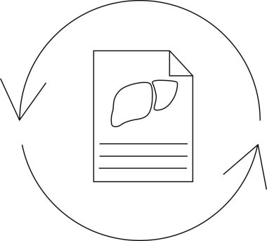 Daire şeklinde okları olan bir karaciğer sağlığı raporu ikonu, tıbbi incelemeyi ve karaciğer fonksiyonu ve sağlığın sürekli izlenmesini sembolize eder.