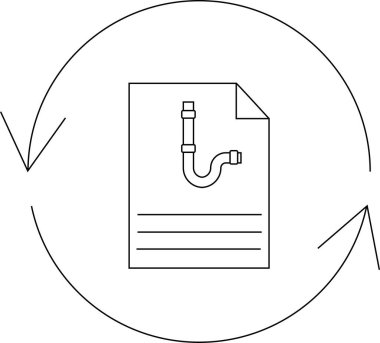 Dairesel oklarla çevrili, süreci sembolize eden ve planlamayı simgeleyen boruların teknik çizimlerini içeren bir tesisat planı simgesi..