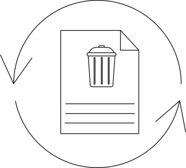 Geri dönüşüm kutusu simgesine sahip bir belge, silmeyi, geri dönüşümü veya veri yönetimini sembolize eden dairesel oklarla çevrilidir..