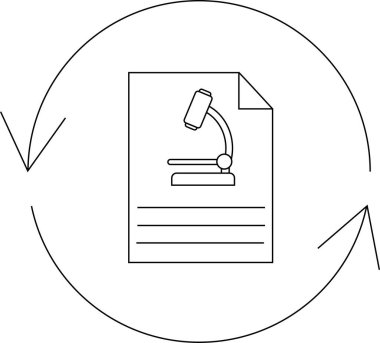 Bir minimalist çizgi sanat ikonu mikroskop ile bilimsel bir araştırma raporu tasvir ediyor, yuvarlak oklarla çevrili, eleştiri veya yinelemeyi gösteren.