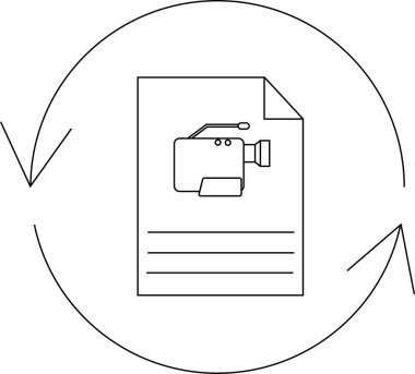 Video dosya dönüşümünü gösteren basit bir simge, video kamera sembolü ve dairesel oklarla işlenmiş bir belge.