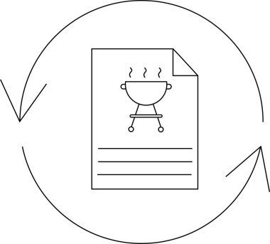 Yenilenmeyi ya da güncellemeyi sembolize eden dairesel bir okla barbekü tarifi belgesini içeren basit bir çizgi sanat simgesi. Mutfak siteleri ya da uygulamalar için ideal.