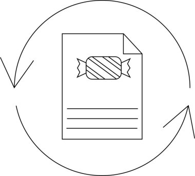 Şekerleme illüstrasyonlu bir belge simgesi, güncel bilgileri veya şekerle ilgili bir belgenin yeni bir sürümünü temsil eden dairesel tazeleme okuyla çevrili.