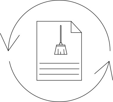 Dairesel oklarla çevrili, yinelenen görevleri ve organizasyonu sembolize eden, bir belgede süpürge bulunan minimalist bir temizlik takvimi simgesi.