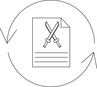 Bu resim, bir belgede çapraz kılıçlarla çatışma çözümünü temsil ediyor, bir döngü içinde müzakere ve sorun çözmeyi sembolize ediyor.