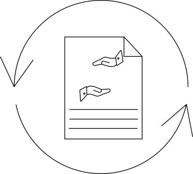 Belge korunması ve yenilenmesini temsil eden sembolik bir illüstrasyon, dairesel döngü içinde bir belgeye el atarak güvenlik ve sürekliliği vurgulayan.